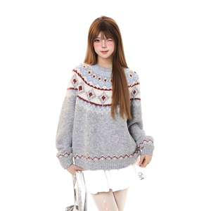 美式费尔岛复古提花毛衣女秋冬新款休闲针织保暖外套MY425P50,衬衣搭配什么类型的毛衣图片
