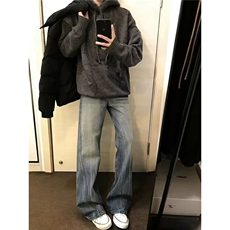 美式水洗阔腿牛仔裤男痞帅潮牌宽松子高街直筒拖地长裤LA5555-P45，男装牛仔裤，星座1008