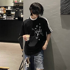 抖音得物高品质二开240克宽松纯棉美式潮牌三条杠织带短袖T恤，男装T恤，电商A486-1
