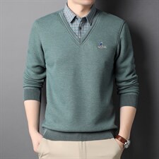 中年男士加绒纯色长袖假两件打底秋季翻领男装针织衫HPNAK252-P90,男装针织衫/毛衣,电商B212（原钱塘6029）
