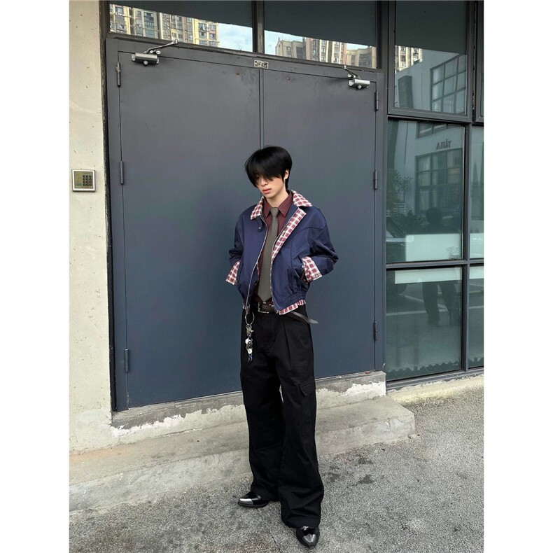 王一博沈月同款春秋格纹假两件飞行员夹克男老钱风假两件外套潮牌,男装夹克,星座506A