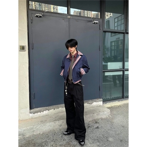 王一博沈月同款春秋格纹假两件飞行员夹克男老钱风假两件外套潮牌图片