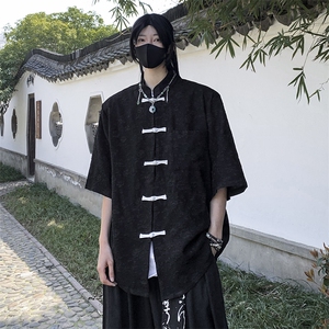 夏季新中式五分袖衬衣2024新款潮牌宽松衬衫男现货W8179-P35