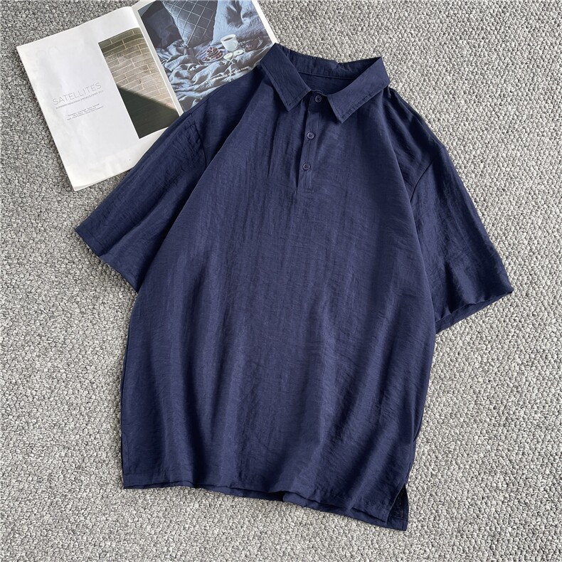 浅蓝色亚麻短袖polo衫男夏薄款男装老钱风高级感衬衫翻领T恤上衣,男装衬衫,电商A061