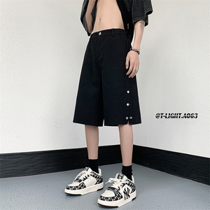 夏季美式高街排空拉链黑色牛仔五分短裤货号DK70P50,胡楚靓黑色大衣穿搭图片