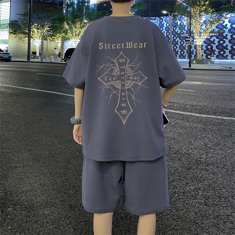 ！2024夏季新款男士华夫格短袖T恤套装学生一套HTZ32P55,男装T恤,电商B220