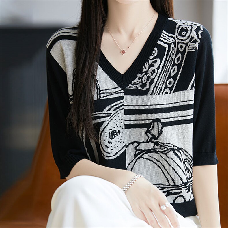 夏季天丝莱赛尔v领针织短袖t恤女提花宽松显瘦套头半袖打底衫上衣,针织衫/毛衣,唐诺