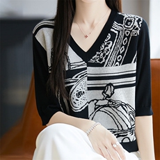 夏季天丝莱赛尔v领针织短袖t恤女提花宽松显瘦套头半袖打底衫上衣，女装针织衫/毛衣，唐诺
