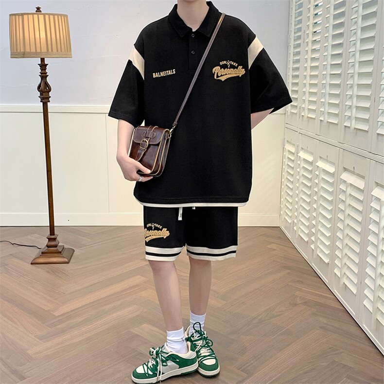 夏季港风运动休闲短袖POLO衫套装男情侣半袖短裤两件潮6621-P65,男装T恤,电商A441-1