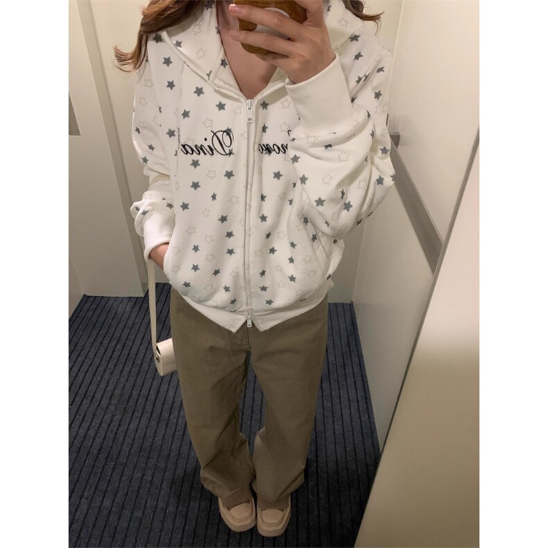 1292-P592025新款早秋五角星满印短款卫衣女秋冬宽松双拉炼,男装卫衣,电商B323A