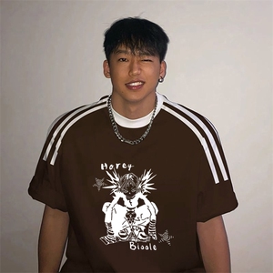 夏季美式高街重磅纯棉三条杠织带撞色男女短袖T恤ZD511-特P30图片