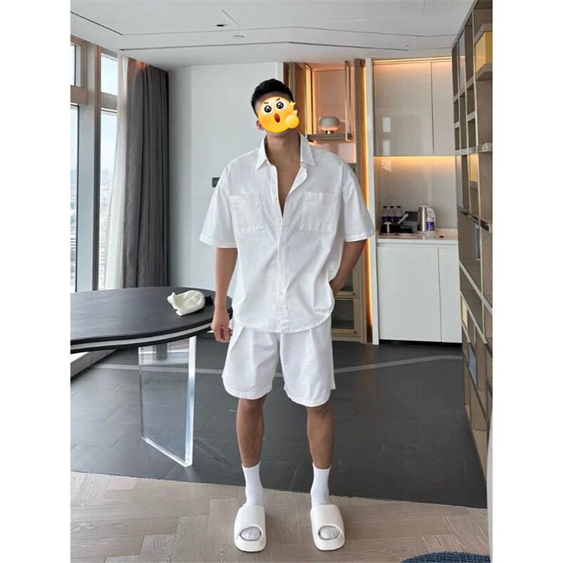 纯色冰丝速干衬衫套装男夏季潮牌拼接凉感宽松休闲短袖短裤两件套，男装休闲套装，电商A001