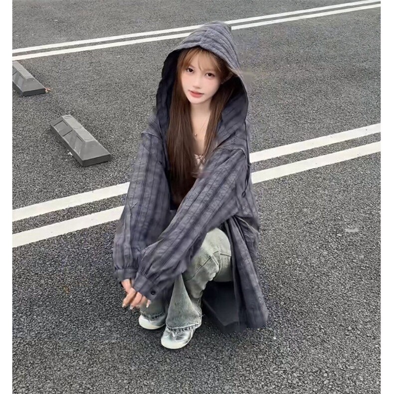 美式格纹防晒连帽衬衫男女2025夏季慵懒风防晒衬衣情侣长袖外套，男装防晒衣，星座601-1