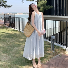 法式吸汗拼接印花长裙圆领连衣裙宽松方领气质收腰显瘦夏季初恋，女装连衣裙，2C258