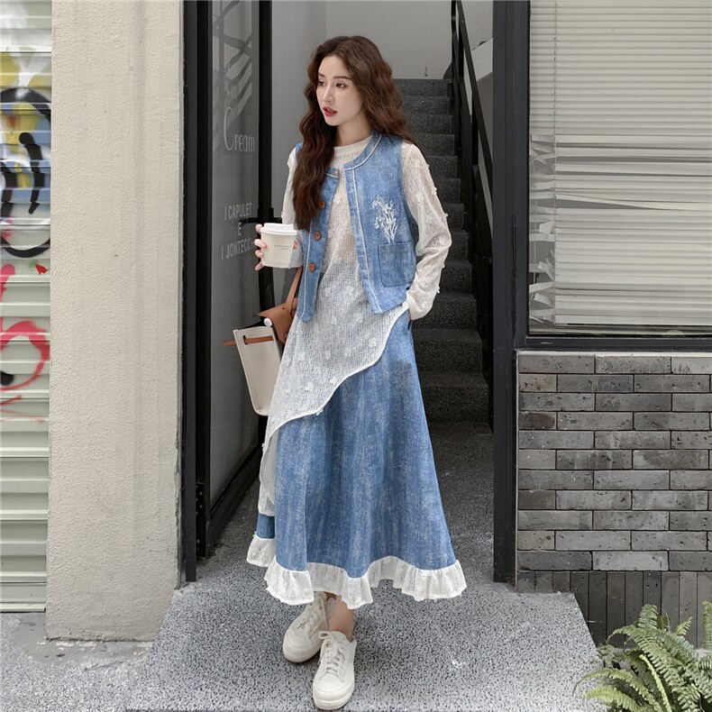 蓝色小清新牛仔提花套装裙女春秋新款小个子显瘦马甲半身裙三件套，女装套装/套裙，秋水欣儿