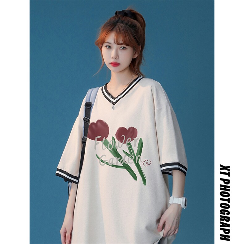 中性2022新款夏季设计感小众v领宽松ins情侣短袖T恤T880P35控48，女装T恤，A247A