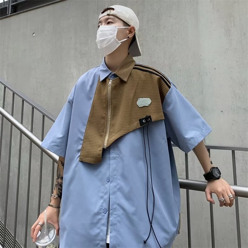 工装华夫格拼接短袖衬衫夏宽松设计感小众衬衫P40,男装衬衫,星座1116-2