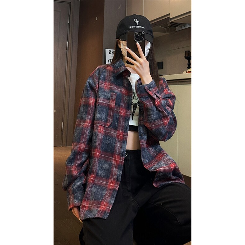 现货复古晕染格子长袖衬衫女高级感慵懒风外套男C19-P50控78，男装衬衫，星座205-5