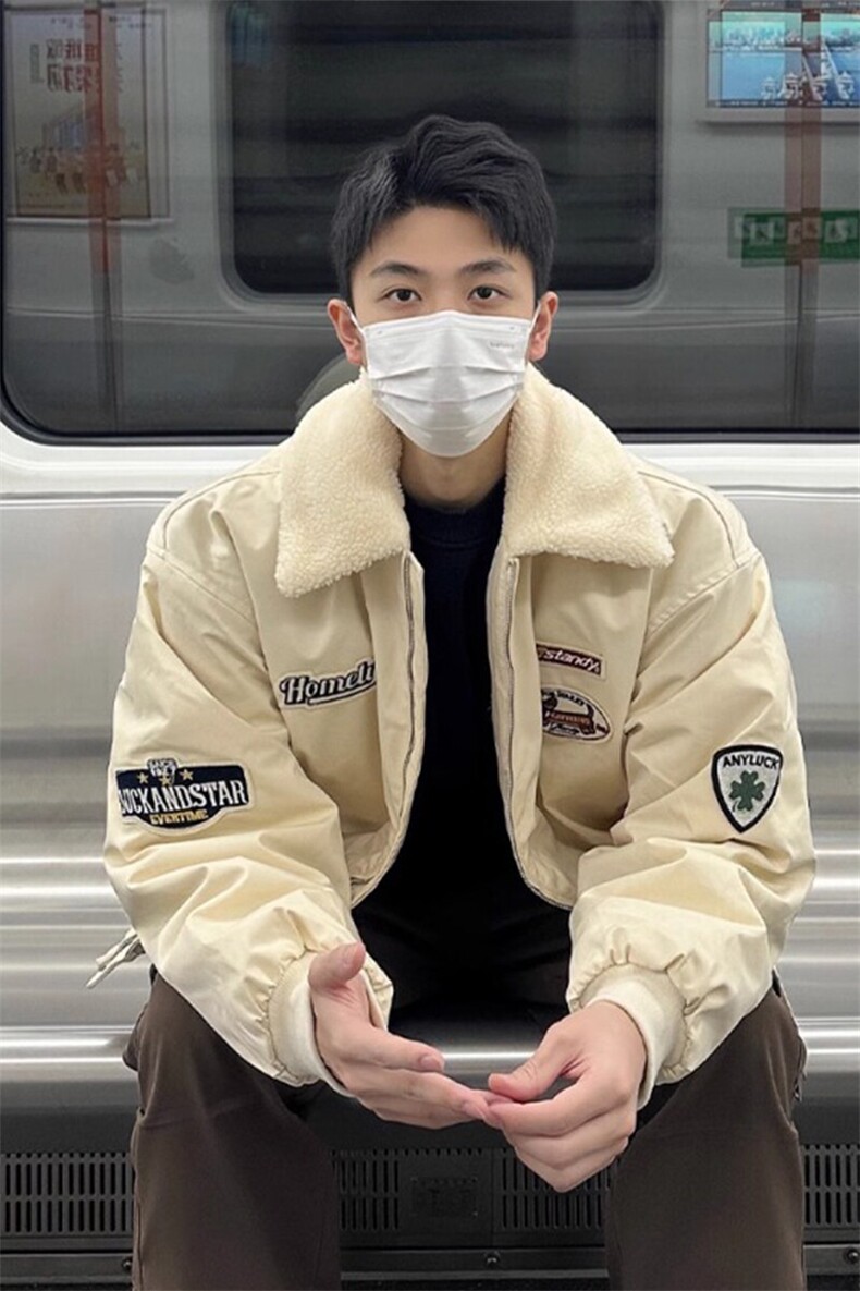 加绒加厚羊羔绒外套男款冬季美式摇粒绒棒球棉服翻领刺绣保暖棉衣,男装棉衣,星座908-1