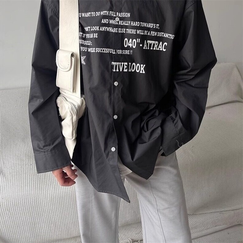 美式高街字母印花长袖衬衫男秋季高级感痞帅白色衬衣小众情侣外套,男装衬衫,星座506A