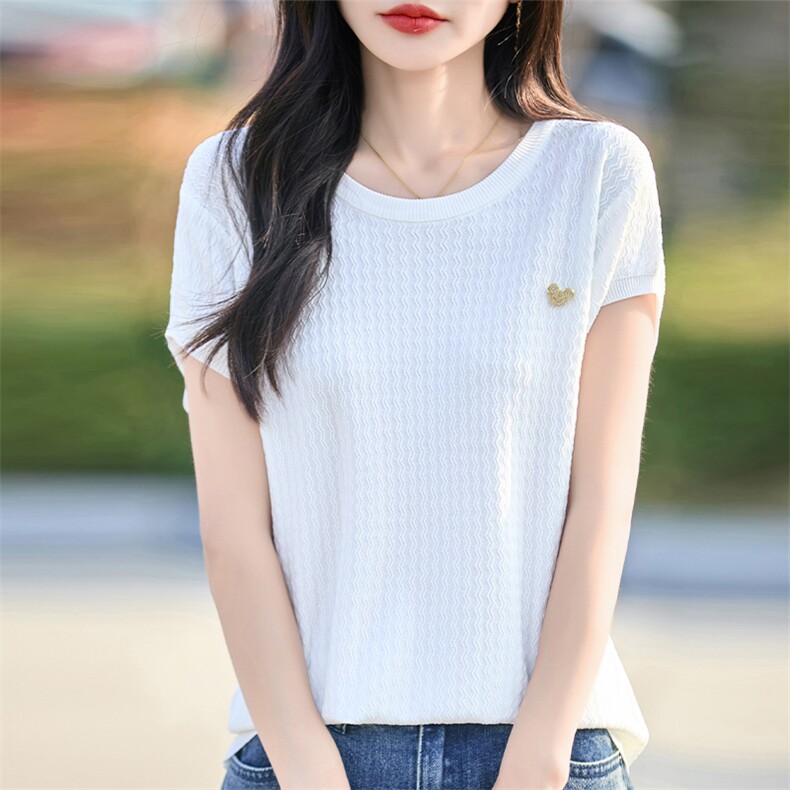夏季新款曲竹冰丝针织短袖女圆领提花米奇半袖T恤宽松打底衫上衣,女装T恤,优麦羊绒（原洪叶羊绒）
