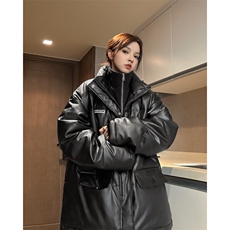 现货中性冬季宽松美式高街PU皮棉衣假两件外套XZ811A-MF120-P135，男装棉衣，星座811A