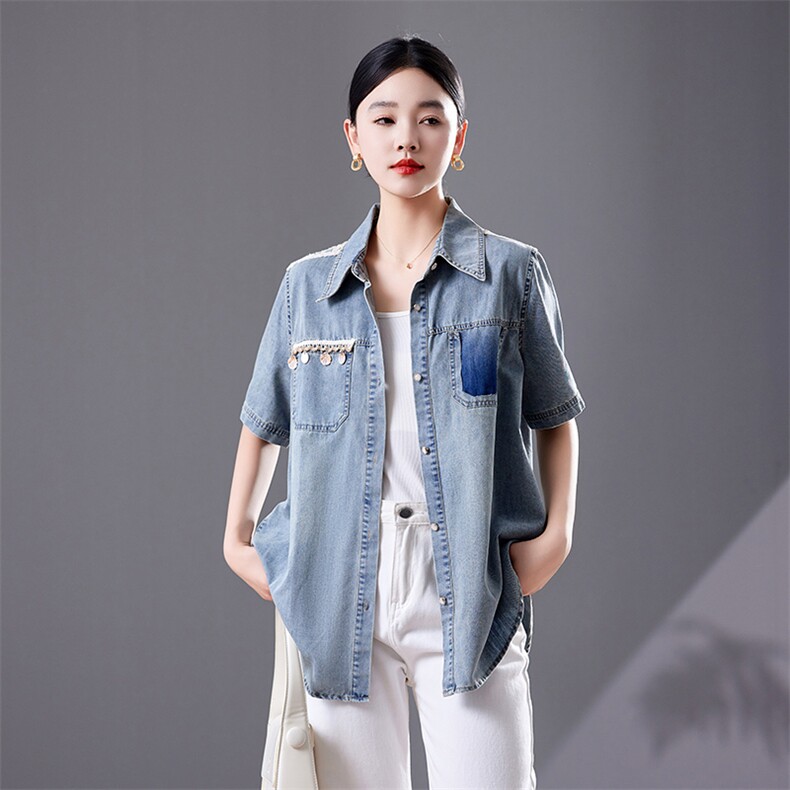 休闲蕾丝拼接牛仔衬衫女夏季欧货大码衬衣2025年新款洋气上衣，女装衬衫，靓衣阁