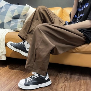 棕色美式复古阔腿裤子男夏季潮牌ins休闲简约直筒宽松工装九分裤图片