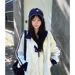 抖音得物品质秋冬美式高街重磅结构拼接织带翻领卫衣夹克外套W113图片