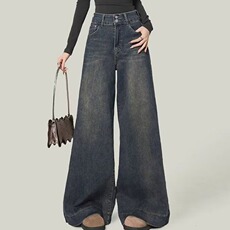 水泥灰阔腿牛仔裤女春秋2025年新款宽松设计感直筒垂感拖地裤，男装牛仔裤，星座1210-1