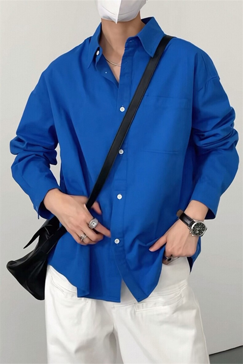 蓝色衬衫男长袖韩版潮流痞帅休闲宽松衬衣外套C2250-特价P47,男装衬衫,电商A007