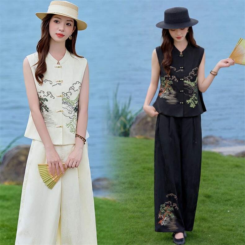 在仓~2026夏季无袖两件套宽松型纽扣时尚阔腿裤刺绣山水马甲薄款,女装套装/套裙,新依时派