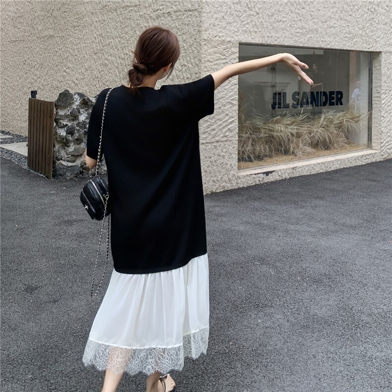 设计感通勤风蕾丝花边拼接连衣裙女夏季2025新款别致简约淡人长裙,女装连衣裙,秋水欣儿