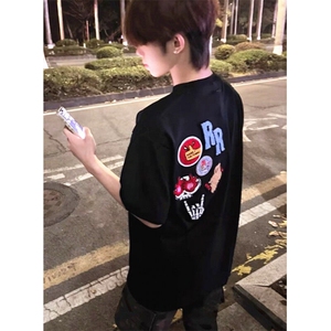 日系卡通短袖t恤男2025年休闲新款夏季宽松潮流黑色半袖 T16图片