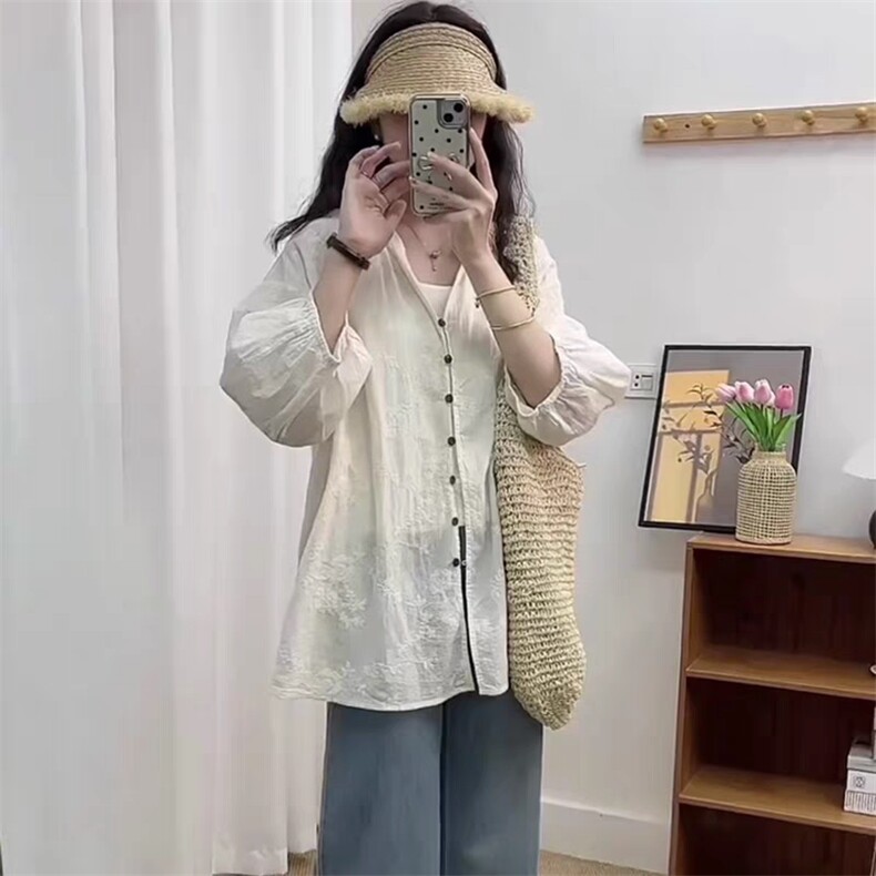 2025时尚百搭简约刺绣开衫短袖衬衣,女装T恤,湘姗