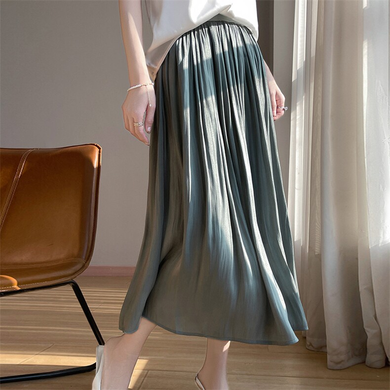 25夏季新款流金纱半身裙显瘦百褶裙女垂坠感高腰中长款伞裙a字裙，女装半身裙，羊特美羊绒
