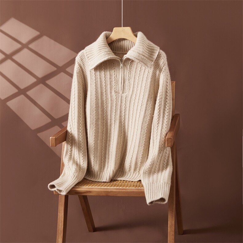 秋冬新款半高领绞花拉链35%羊绒衫2024年秋季，女装羊绒衫，朵沐纯羊绒
