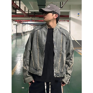 美式复古解构毛边水洗牛仔夹克男款机车风帅气外套上衣潮XJK08图片