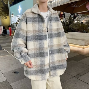 秋冬季加厚毛呢外套男款宽松格子夹克潮流高级感情侣上衣 X140图片