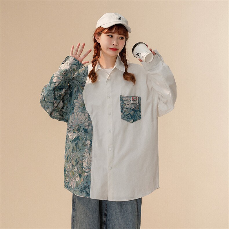 1中性风花型拼接长袖衬衫女大码情侣潮长袖衬衫男CS7714P60控88,男装衬衫,星座226-2