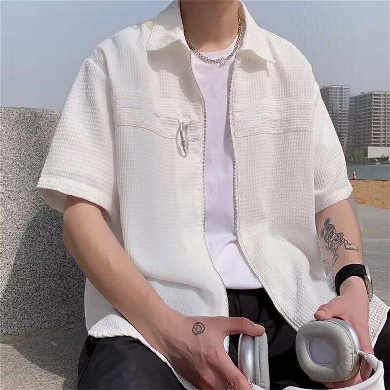 CLH28-P32夏季时尚休闲修身短袖开衫拉链衬衫男百搭宽松半袖衬衣,男装T恤,星座1503-1