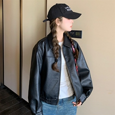 酷飒黑色高级感皮衣外套女2025年春季新款宽松休闲百搭机车服夹克，女装皮衣，2C232