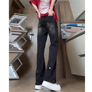 黑色排扣牛仔裤男高街vibe情侣拼接裤子微喇直筒裤网图NK272-P50