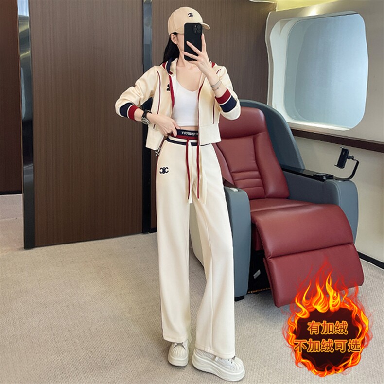 女秋新款时尚短款收腰开衫外套阔腿裤两件套图片