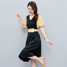 法式气质连衣裙女夏2022新款洋气减龄收腰显瘦拼接撞色中长款裙子，女装连衣裙，辉之琳