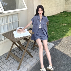 复古工装衬衫短裤套装女2025年夏季新款松弛感休闲韩系穿搭两件套，女装套装/套裙，维壹