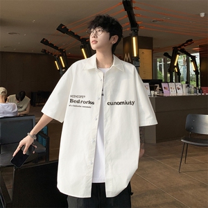 夏季新款港风美式日系复古字母印花宽松翻领短袖衬衫男 ZC744-P40图片