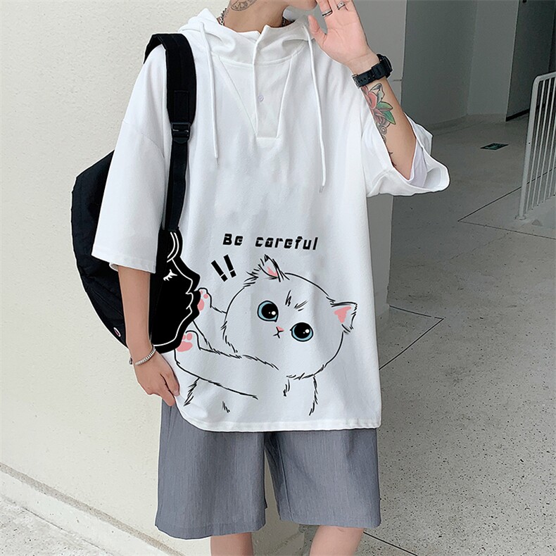 LD54116-P45连帽短袖t恤男大码胖子带帽五分袖中袖,男装T恤,电商A040