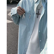 休闲风竖条纹衬衫男长袖松弛感少年风高级感外套C2275-特价P37，男装衬衫，电商A007