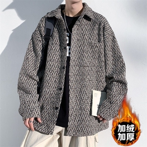 复古小香风外套高级感潮流翻领格子衬衫休闲男夹克JKXF027图片
